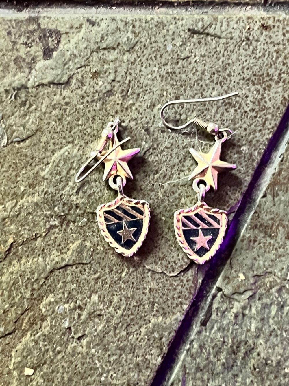 Gold Tone Star & Shield Drop Earrings Patriotic Stylish